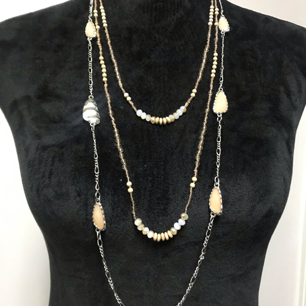 Silver and tan long layered necklace set